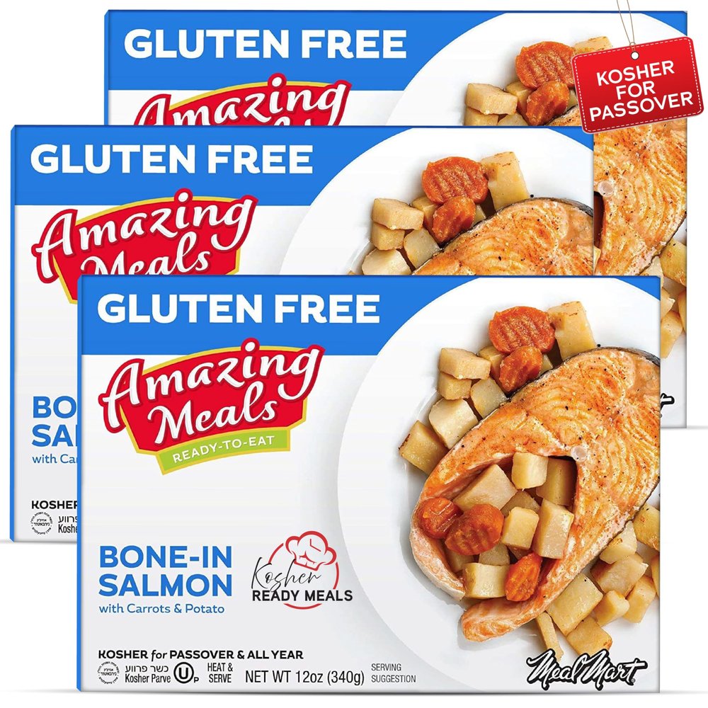Kosher for Passover Ready Meals - Bone-In Salmon With Carrots & Potato MRE Meat Meals Ready to Eat, Gluten Free Food (3 Pack) Prepared Entree Fully Cooked, Shelf Stable Microwave Dinner