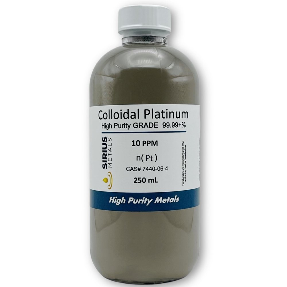 Sirius Metals True Colloidal Platinum 10 ppm - 99.99+% Purity - 250 mL (8.45 Fl Oz) in Clear Glass Bottle - Made in USA