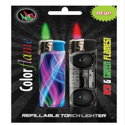 Amazing Color Flame Fire Butane Colorflame Colorful Torch Lighter Colored Flame Pocket Lighter Red Flame and Green Flame- 2 Pack (Swirl & Boom Box Radio)