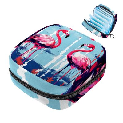 VTGHDEEQ Period Bag,Sanitary Napkin Storage Bag,Blue Stripe Pink Flamingo,Tampon Holder for Purse