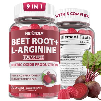 Beet Root Gummies, Beetroot & L-Arginine, Red Beets Supplements w/ Vitamin B1, B2, B3, B5, B6, Folate, B12 for Energy Boost & Circulation Support, Sugar Free Nitric Oxide Gummies, 120 Beet Chews