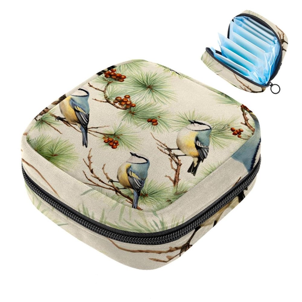 VTGHDEEQ Sanitary Napkin Storage Bag,Period Bag,Pad Bag,Birds Christmas Tree Snowflakes,Period Pouch