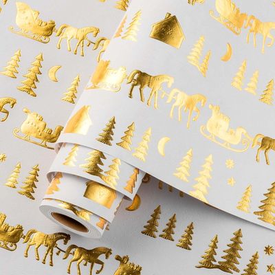 Homeral Christmas Wrapping Paper Roll - 46.8 sq.ft. 3D Embossed Sleigh, Carriage, Tree, Moon, House With Gold Foil for New Year Celebration - 17in x 33ft