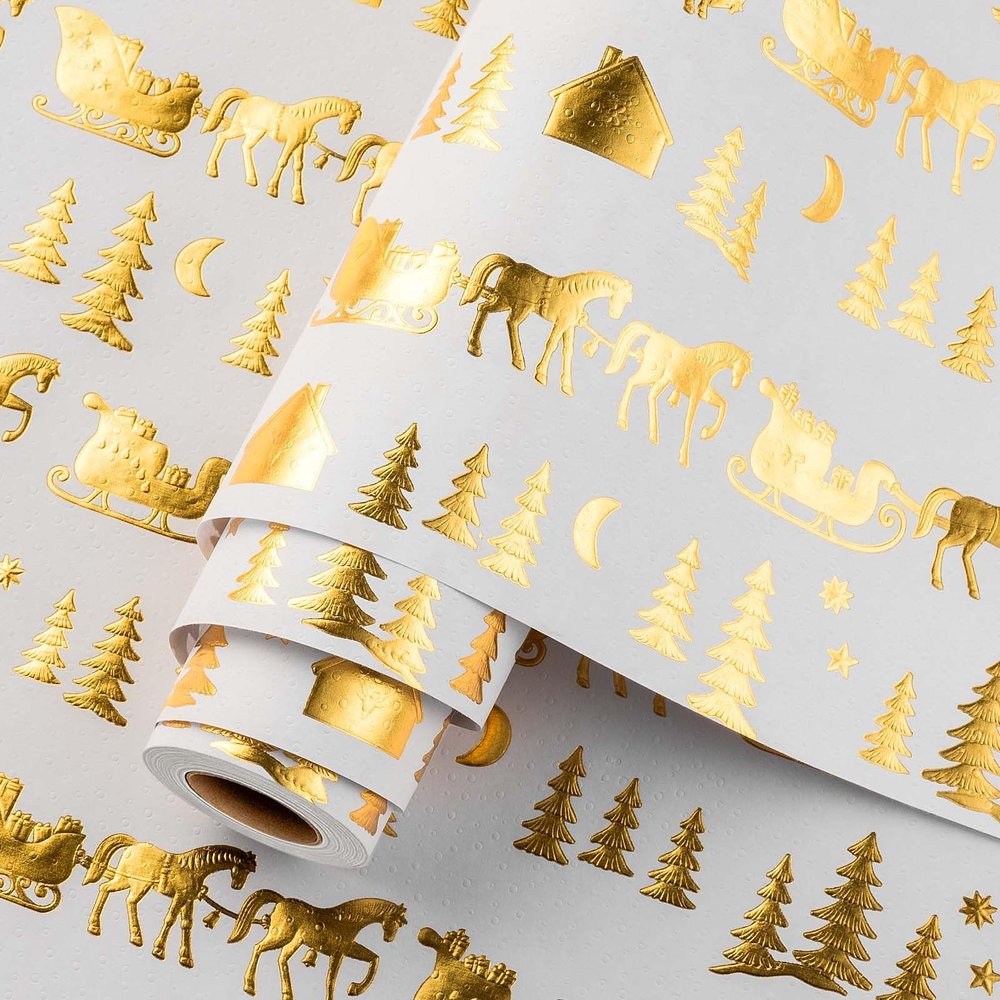 Homeral Christmas Wrapping Paper Roll - 46.8 sq.ft. 3D Embossed Sleigh, Carriage, Tree, Moon, House With Gold Foil for New Year Celebration - 17in x 33ft