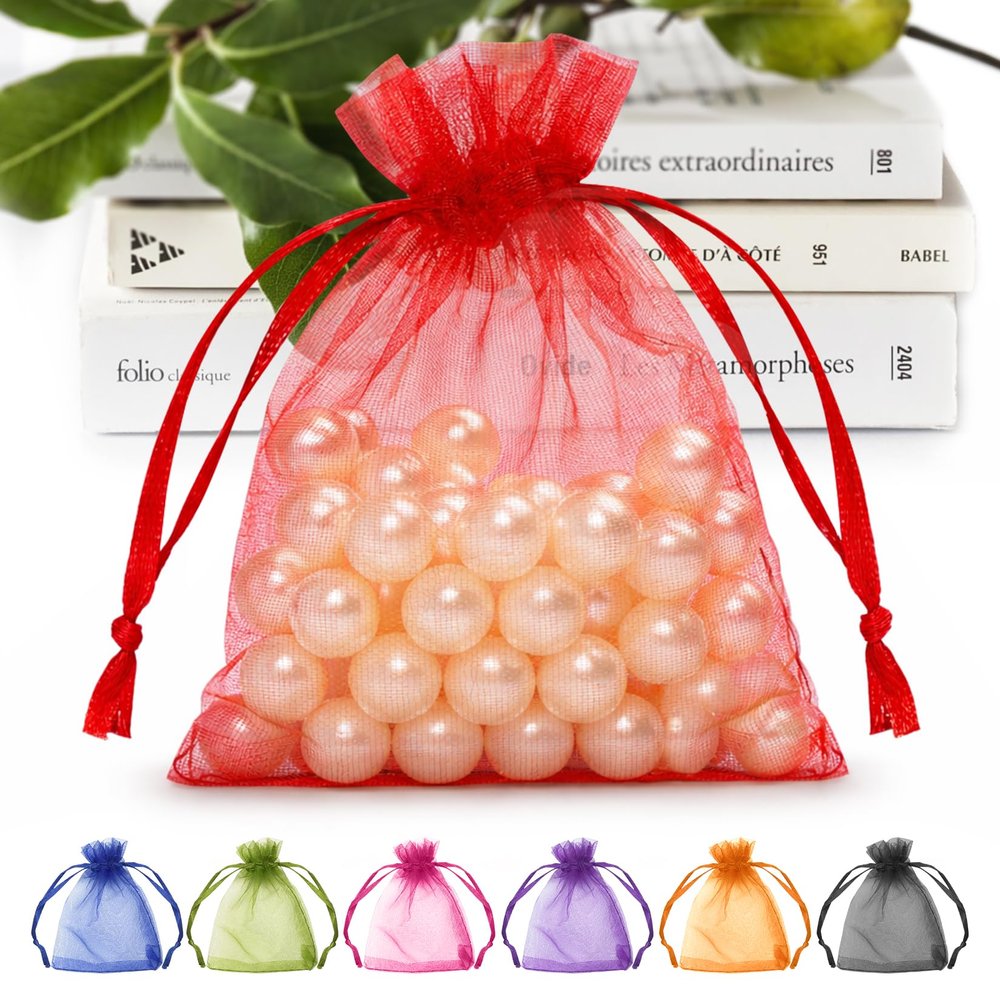 ANZNKU 50Pcs 3x4 Inch Organza Bags, Small Gift Bags Bulk for Women Valentine's Day Presents Wrap, Mini Red Mesh Bag Drawstring Jewelry Pouches for Wedding Candy Party Favors Treats Sachet Potpourri