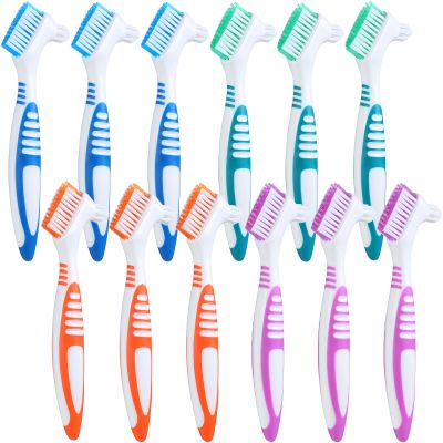 Mimorou 12 Pcs Denture Brush for False Teeth Double Sided Denture Toothbrushe with Soft Bristle, Ergonomic Anti Slip Handle Teeth Cleaner Brush for Adult(Blue, Green, Purple, Orange,Non Slip Grip)
