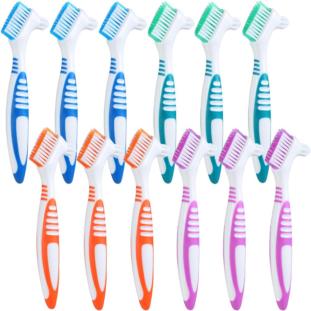 Mimorou 12 Pcs Denture Brush for False Teeth Double Sided Denture Toothbrushe with Soft Bristle, Ergonomic Anti Slip Handle Teeth Cleaner Brush for Adult(Blue, Green, Purple, Orange,Non Slip Grip)