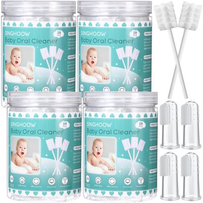 Singhoow 200 Pieces Baby Tongue Cleaner Disposable Infant Oral Cleaner with 4 Pieces Finger Toothbrush Soft Gauze Baby Mouth Newborn for Tooth Mouth Dental Care(Blue)