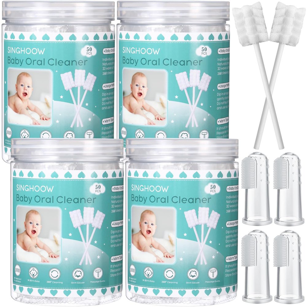 Singhoow 200 Pieces Baby Tongue Cleaner Disposable Infant Oral Cleaner with 4 Pieces Finger Toothbrush Soft Gauze Baby Mouth Newborn for Tooth Mouth Dental Care(Blue)