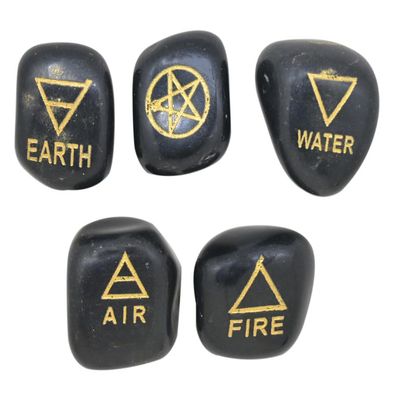 Edzzel 5 Tumble Elements Shungite Stones Engraved Triangle Symbols (Earth Air Fire Water Spirit) Polished Tumble Stones for Gemstone Reiki Crystals