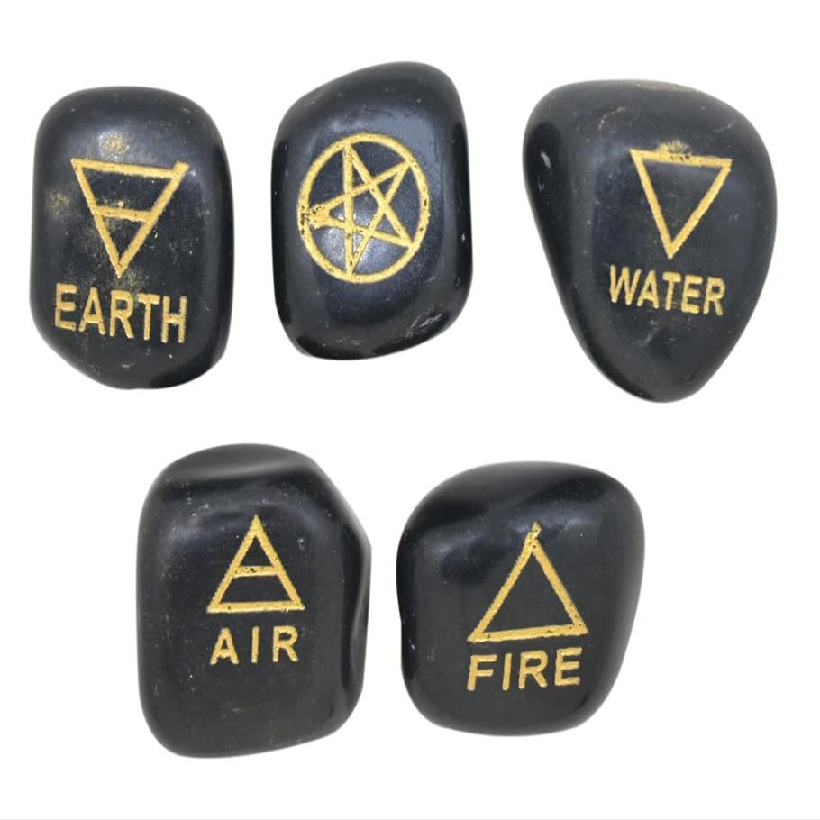 Edzzel 5 Tumble Elements Shungite Stones Engraved Triangle Symbols (Earth Air Fire Water Spirit) Polished Tumble Stones for Gemstone Reiki Crystals
