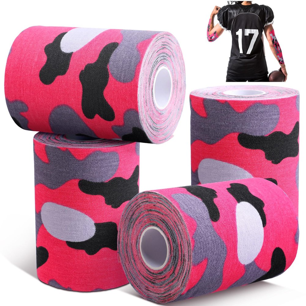 Jenaai 4 Pcs Football Turf Tape Sports Tape Extra Wide Athletic Turf Tape Waterproof Flexible for Arms Sticky Tape for Athlete and Sport Trainers Accessories, 5.5 Yards Each Roll(Pink Camouflage)