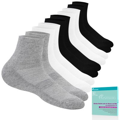 Revosoxs Diabetic Socks for Women Men,5 Pairs Non Binding Diabetic Ankle Wide Stretchy Loose Seamless Socks 7-9 9-11(Black+White+Grey-Medium)