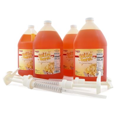 Snappy Butter Burst Popcorn Oil 4-Pack for Popping and Popcorn Topping, 4 1 Gallon Jugs with a 4 Pack of Durable Oil Pump Dispensers for Gallon Jugs
