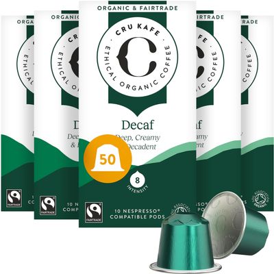 Cru Kafe Decaf USDA Organic Espresso Coffee Capsules (50 Pods) Fairtrade Coffee Pods Compatible with Nespresso Original Line and Pixie Machines