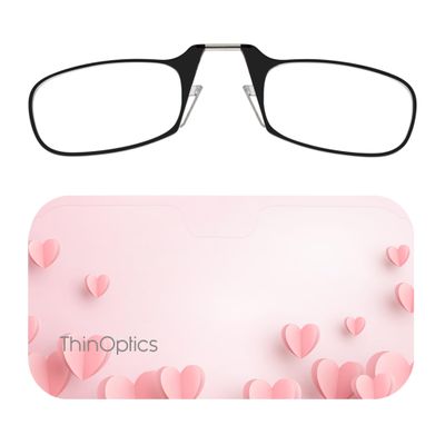 Always With You ThinOptics Readers - Armless On-Nose Reading Glasses - Slim Printed Case Attaches to Phone or Fits in Wallet - Pink Hearts 2.0x