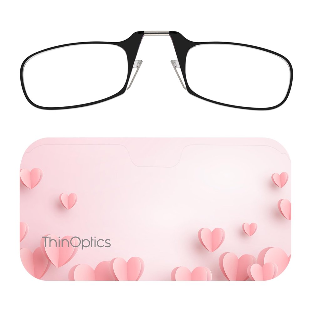 Always With You ThinOptics Readers - Armless On-Nose Reading Glasses - Slim Printed Case Attaches to Phone or Fits in Wallet - Pink Hearts 2.0x