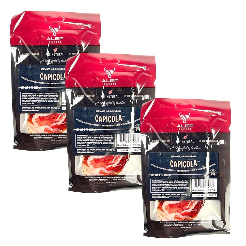 Alef Capicola Seasoned Air Dried Pork 4 oz (3 Pack) - Delicious Meat for Keto, Protein, Breakfast, and Charcuterie, Delectable Deli Meat