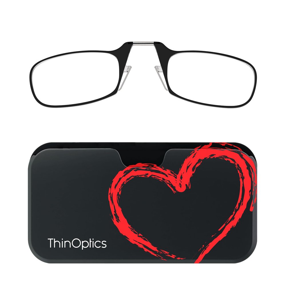 Always With You ThinOptics Readers - Armless On-Nose Reading Glasses - Slim Printed Case Attaches to Phone or Fits in Wallet - Heart 1.0x