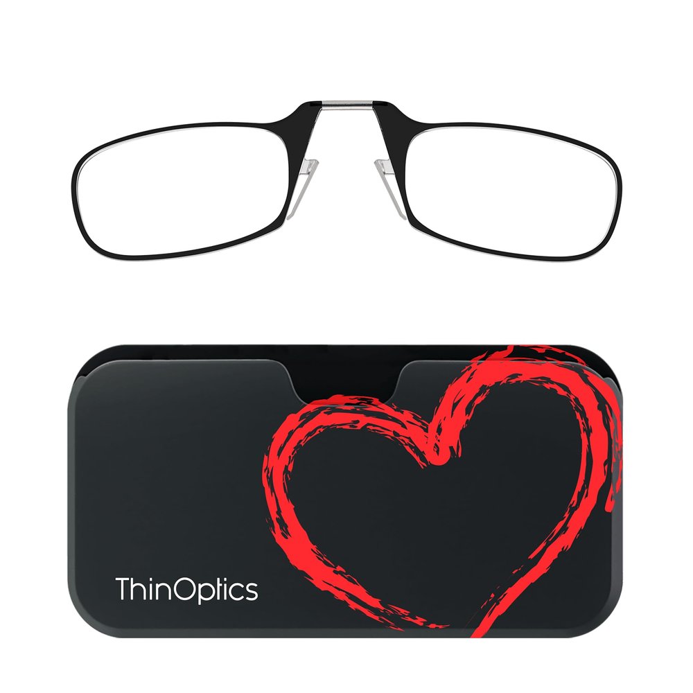 Always With You ThinOptics Readers - Armless On-Nose Reading Glasses - Slim Printed Case Attaches to Phone or Fits in Wallet - Heart 2.0x