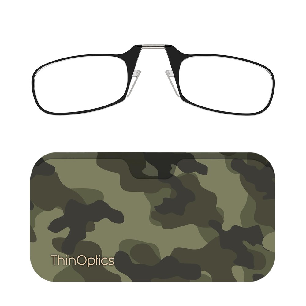 Always With You ThinOptics Readers - Armless On-Nose Reading Glasses - Slim Printed Case Attaches to Phone or Fits in Wallet - Green Camo 1.5x