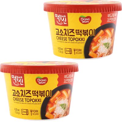 Dongwon Topokki Cheese Korean Street Food Combo Pack - Pack of 2 x 120g each - Stick-shaped rice cake with cheese and spicy sauce  