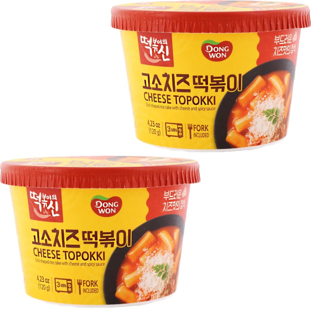Dongwon Topokki Cheese Korean Street Food Combo Pack - Pack of 2 x 120g each - Stick-shaped rice cake with cheese and spicy sauce  
