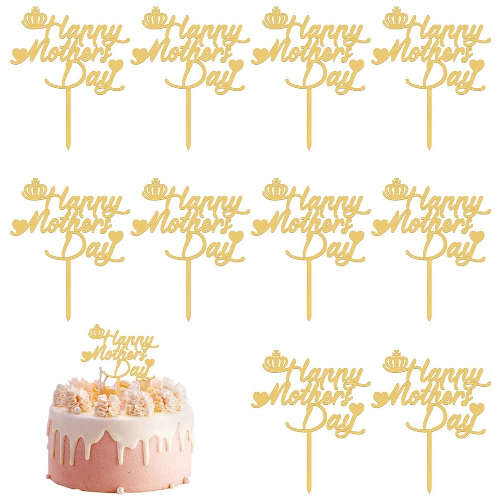10Pcs Happy Mothers Day Cake Topper Mothers Day Decorations, Acrylic Happy Mothers Day Topper Cupcake Cake Topper, Gold Glitter Cake Sticks Cake Decorations for Mother's Day Party Suppliers