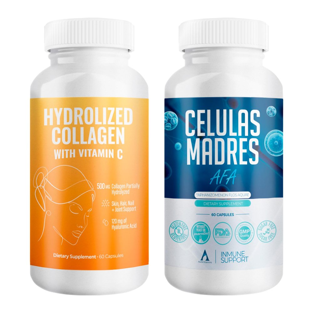 Aura Vitamin Mega Antioxidant Bundle | Hydrolyzed Collagen & AFA Stem Cell | Hydrolyzed Collagen with Vitamin C, Aphanizomenon Flos-Aquae | Celula Madre Skin, Hair and Nail Support  60 Each Caps (1)
