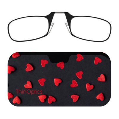 Always With You ThinOptics Readers - Armless On-Nose Reading Glasses - Slim Printed Case Attaches to Phone or Fits in Wallet - Red Felt Hearts 2.0x