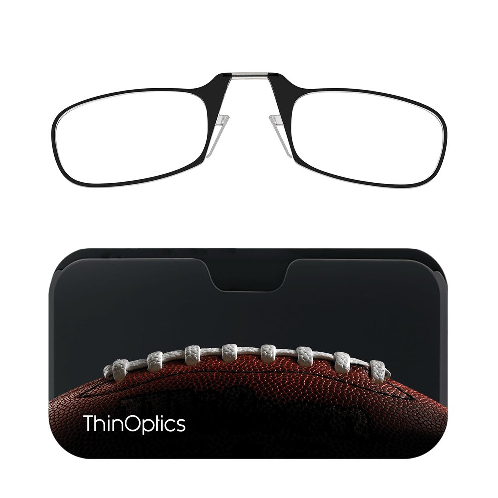 Always With You ThinOptics Readers - Armless On-Nose Reading Glasses - Slim Printed Case Attaches to Phone or Fits in Wallet - Football Laces 1.5x