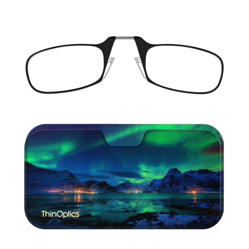 Always With You ThinOptics Readers - Armless On-Nose Reading Glasses - Slim Printed Case Attaches to Phone or Fits in Wallet - Northern Lights 1.0x