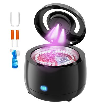 Ultrasonic UV Retainer Cleaner Machine for Dentures, Aligner, Jewelry, Mouth Guard, Night Guard, Toothbrush Head, Shaver Head, 42kHz Ultrasonic Denture Cleaner Machine for All Dental Appliance, Black