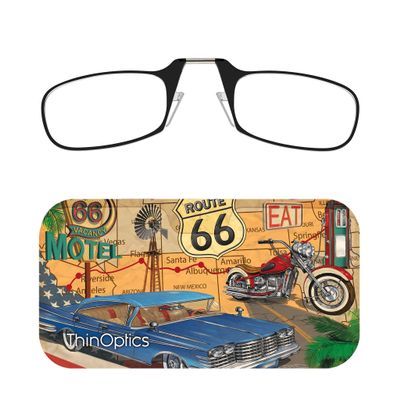 Always With You ThinOptics Readers - Armless On-Nose Reading Glasses - Slim Printed Case Attaches to Phone or Fits in Wallet - Route 66 1.5x