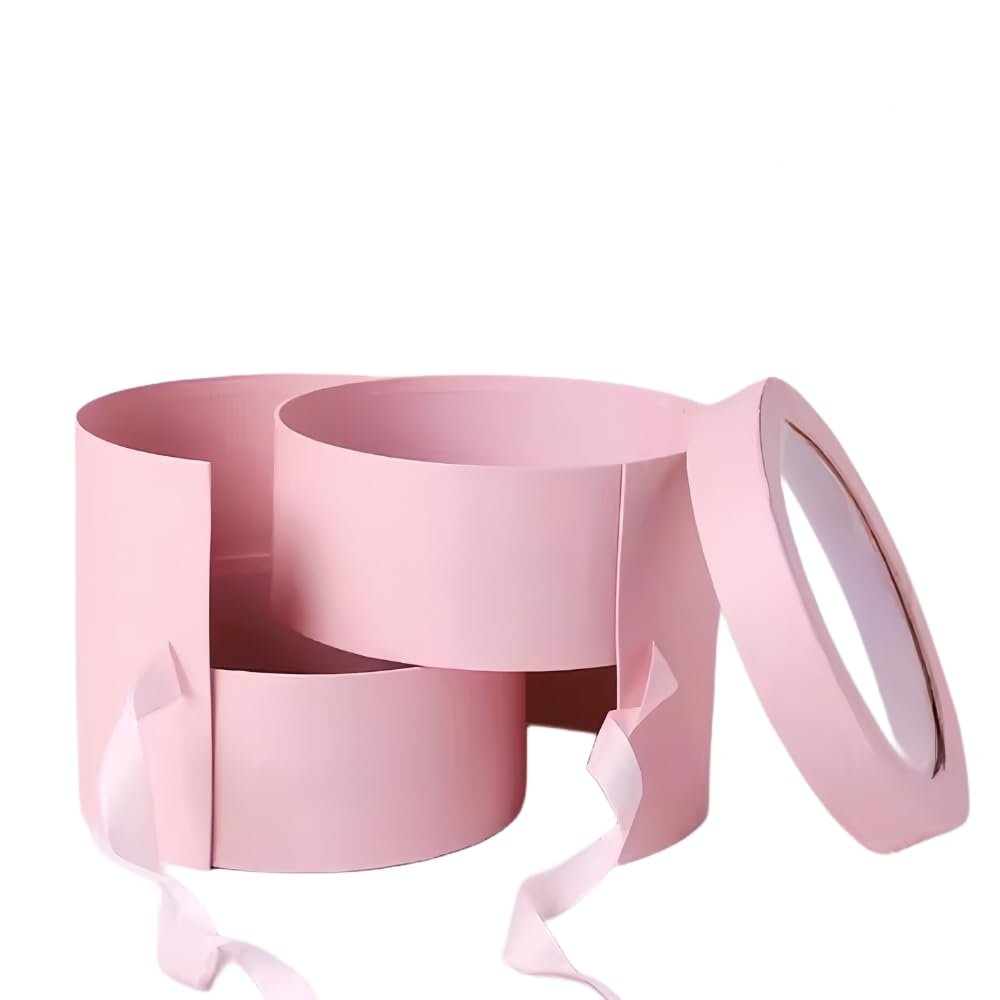 BBJ WRAPS Pink Flower Round Box with Lid for Floral Arrangements, Double Layers Rotating Drawer Flower Bouquet Paper Gift Boxes Packaging, 1 Set, 7.5"(D) x 6.5"(H) (Pink)
