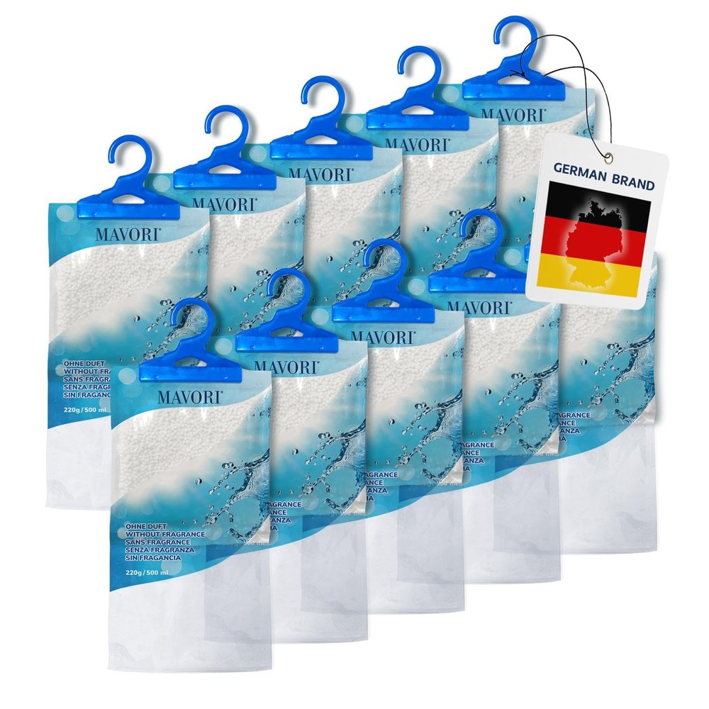MAVORI Hanging Moisture Absorber Bags, Dehumidifier Bags for Closet, Wardrobe and Laundry Room, Reduce Moisture, Odors, and Dampness, Long-Lasting Humidity Control, 16.9 oz per Bag (Pack of 10)