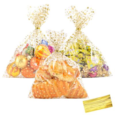 COQOFA 9"X 12" Gift Wrap Cello Cellophane Treat Bags Party Favor bags Clear Candy Cookie Bags Plastic Poly Goodie Storage Bags for Bakery,Birthday, Wedding,Party 50 pcs Gold