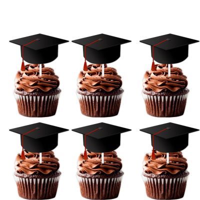 18pcs Black Glitter Silhouette Graduation Cap Dessert Cupcake Topper Congrats 2026 Student Grad Theme Decorations High School College Happy Graduate Party for Men Women Decor Supplies