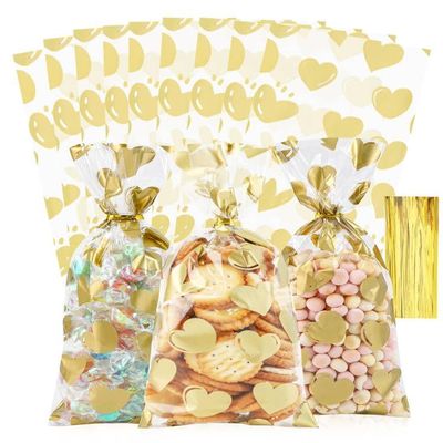 COQOFA 100 Pcs 6X10 IN Gold Heart Cello Cellophane Treat Bags Gift Party Favor Bags Clear Plastic Poly Goodie with Twist Ties for Candy, Cookie,Baby Shower, Valentine, Wedding Birthday