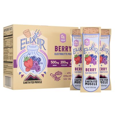 Earth Fed Muscle Elixir Electrolyte Powder Packets - Berry Flavor with Himalayan Sea Salt - Sugar Free, Stevia Sweetened - 3X Electrolytes - 30 Single Serve Hydration Drink Mix Sticks