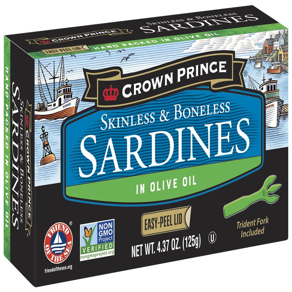 Crown Prince Skinless & Boneless Sardines in Olive Oil, EZ Peel lid w/Trident, 4.37 oz cans (Pack of 12)