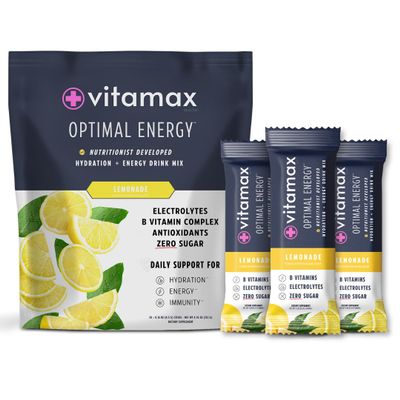 Vitamax Health Optimal Energy - Lemonade - Sugar Free Hydration Recovery Powder Stick Packs | B Vitamin Complex Electrolyte Drink Mix | Easy Open Single-Serving | Non-GMO | 30 Servings