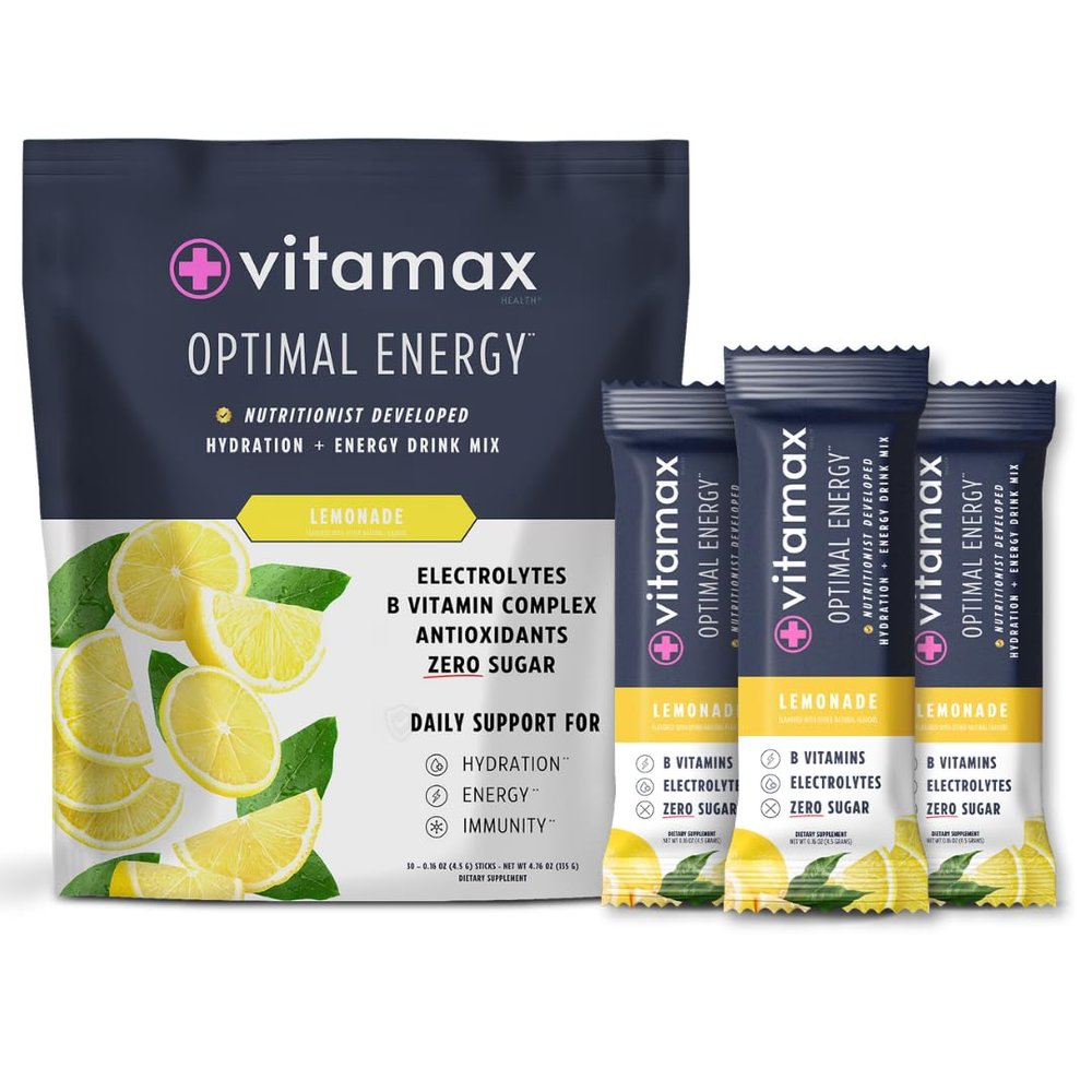 Vitamax Health Optimal Energy - Lemonade - Sugar Free Hydration Recovery Powder Stick Packs | B Vitamin Complex Electrolyte Drink Mix | Easy Open Single-Serving | Non-GMO | 30 Servings