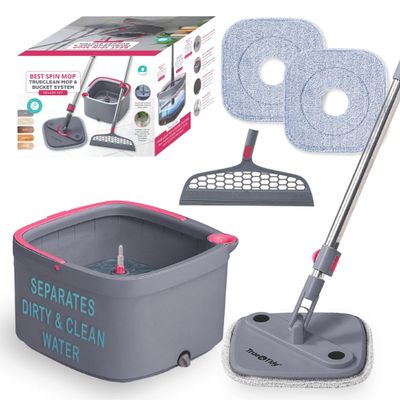 True & Tidy Square Spin Mop & Bucket System w/Extra Squeegee Head