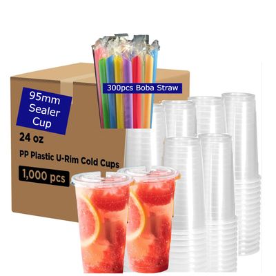 Darong 95mm PP Cold Cups with Boba Straws Multiple Sizes & Packs (16oz, 22oz, 24oz) (24ozPP + Straw)