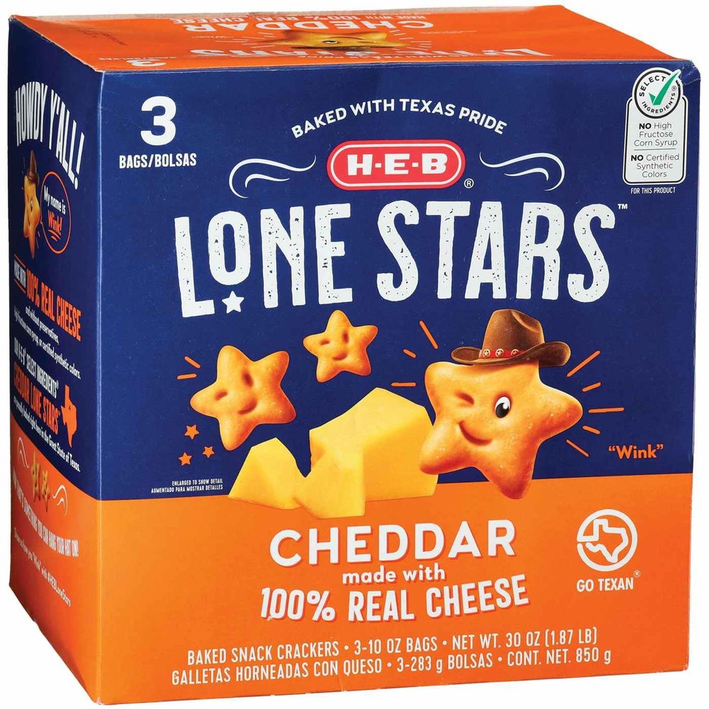 NineLife Basics HEB Cheddar Lone Stars Baked Snack Crackers 10 oz Bags 3 ct