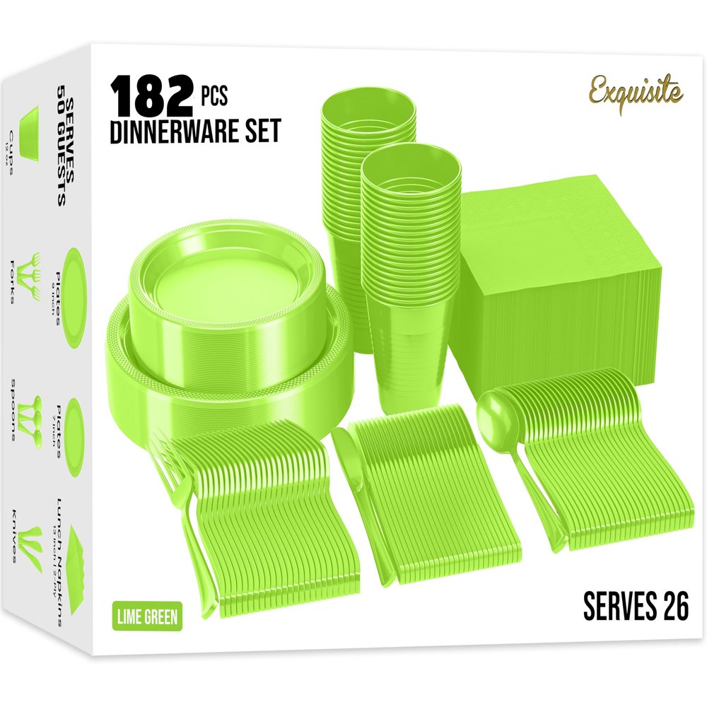 182 Pcs Lime Green Plastic Plates For Party, Lime Green Disposable Plates Set, 26 Of Each 9" Dinner Plate Set, 7" Dessert Plate, Cups, Napkins & Cutlery Plastic Dinnerware Exquisite