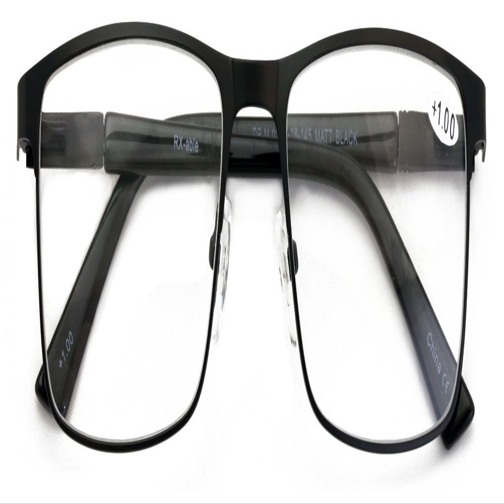 V.W.E. Men Premium Optical Frame Wide Large Head Reading Glasses Rectangular Metal - Clear Lens Reader DRM02 (Black, 1.00, x)