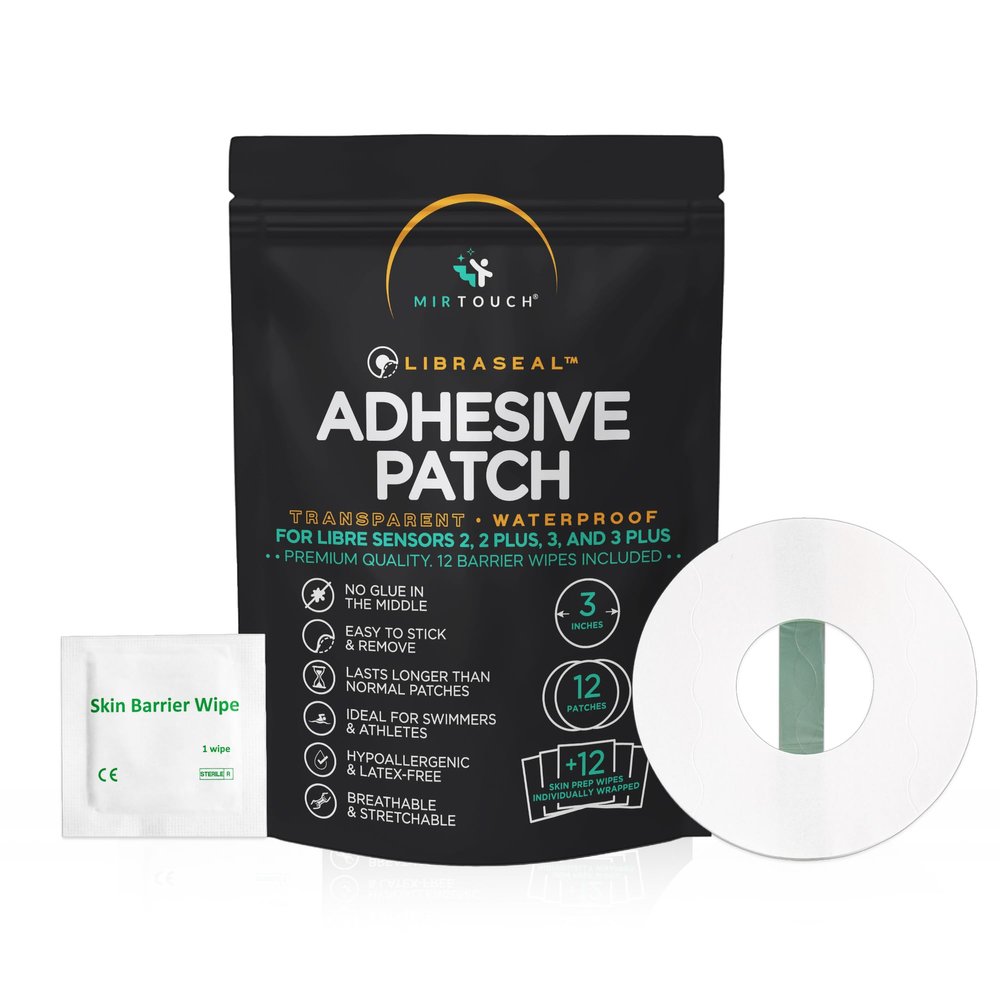 MirTouch Transparent Waterproof CGM Sensor Patches for Freestyle Libre 1, 2, 3 & Plus - No Glue in Center - 12 Adhesive Patches Plus 12 Skin Prep Wipes - Hypoallergenic Glucose Monitor Patch Set