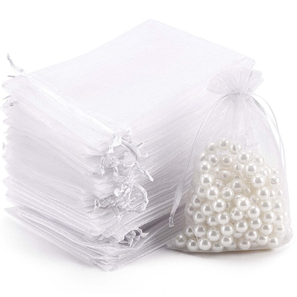 acDesign 100Pcs White Organza Bags 4"x6" Mesh Jewelry Bags With Drawstring for Gift Packaging, Party, Wedding, Festive